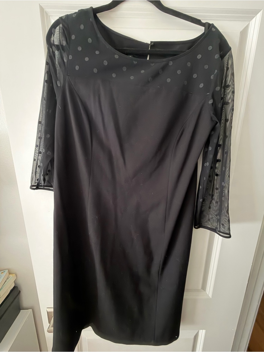 Talbots Black Sheath Dress with Polka Dot Mesh Sleeves